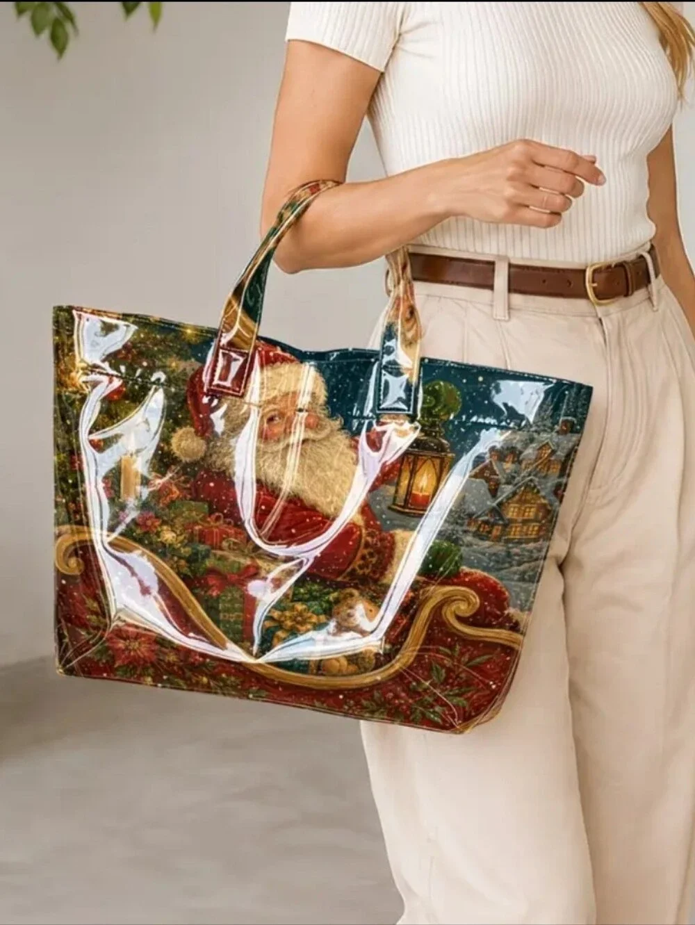 Santa Klaus Vintage Setting Christmas Holiday PVC Large Tote Daily Commute